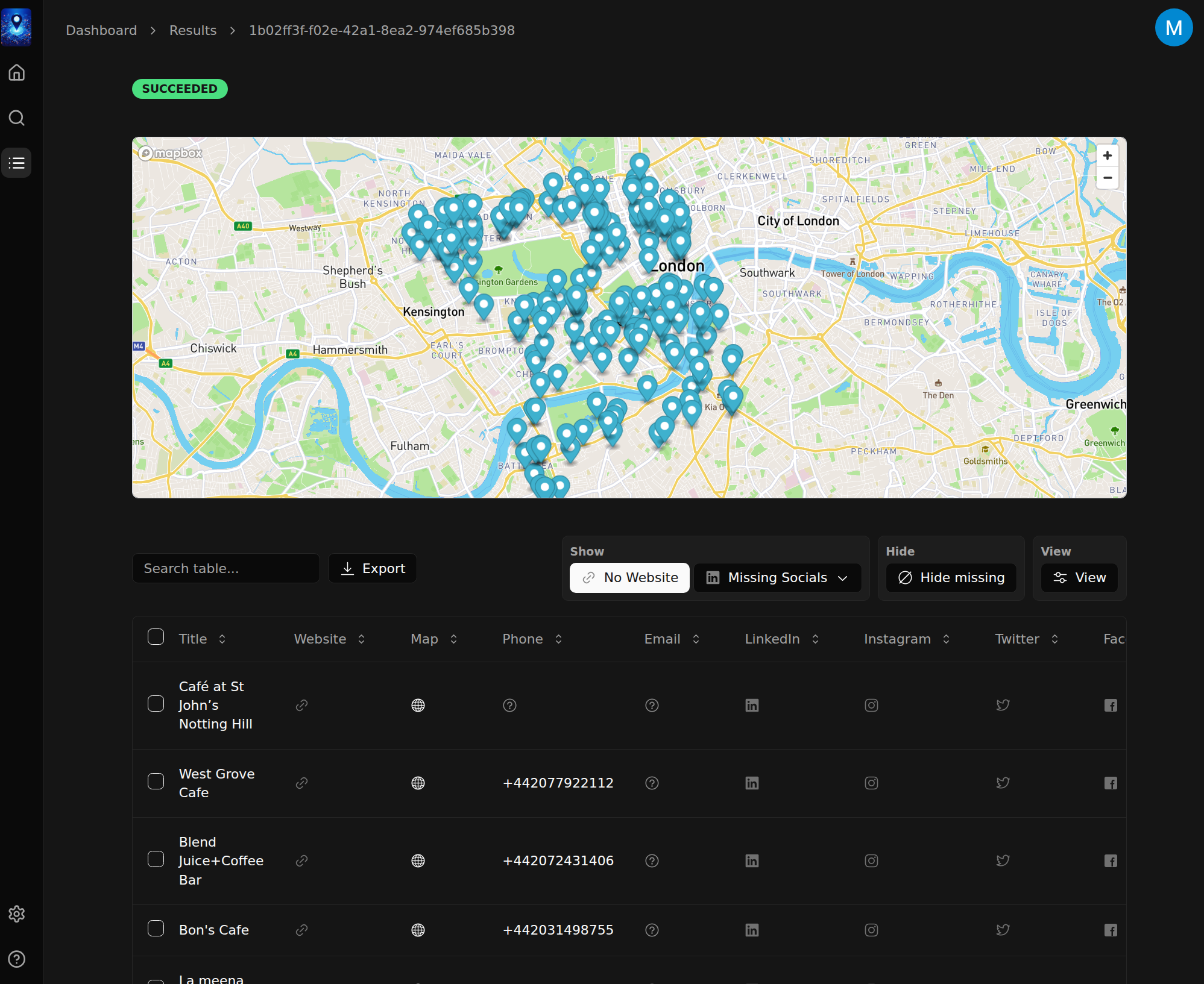 Search results showing found businesses